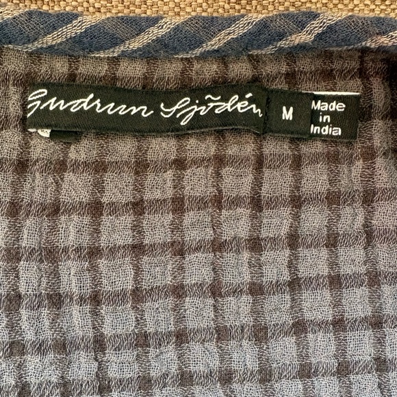 Gudrun Sjoden’s Noira Blue & Gray Gingham Cotton Top w Peplum & 3/4 Puff Sleeve - Picture 2 of 13